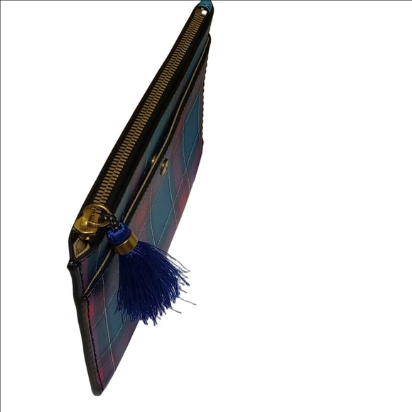 J.CREW BLUE & PINK PLAID ENVELOPE LEATHER CLUTCH WITH TASSEL - Picture 4 of 12